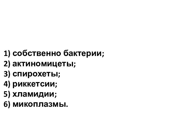 1) собственно бактерии; 2) актиномицеты; 3) спирохеты; 4) риккетсии; 5) хламидии; 6) микоплазмы.