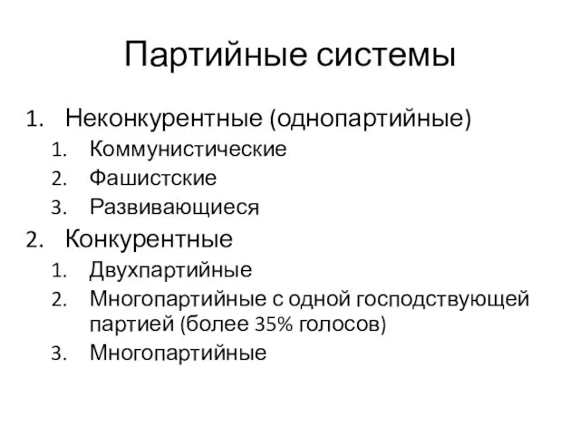 Партийные системы Неконкурентные (однопартийные) Коммунистические Фашистские Развивающиеся Конкурентные Двухпартийные Многопартийные