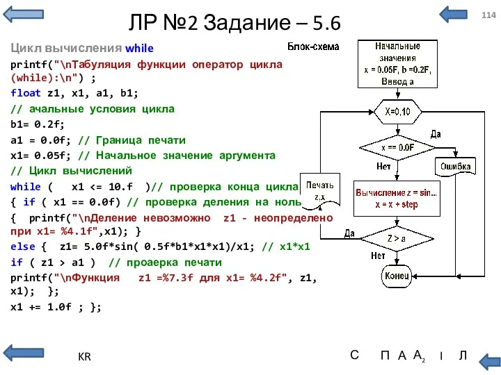 ЛР №2 Задание – 5.6 Цикл вычисления while printf("\nТабуляция функции