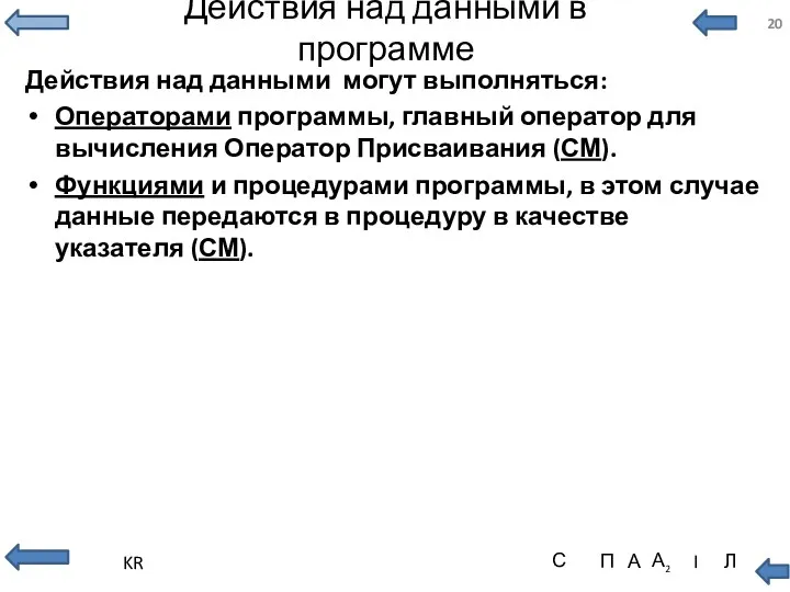 Действия над данными в программе Действия над данными могут выполняться: