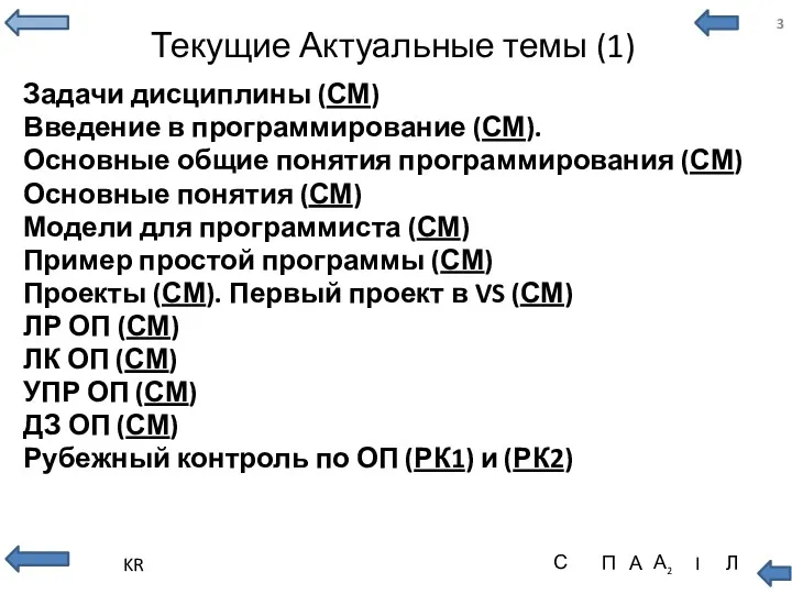 Текущие Актуальные темы (1) Задачи дисциплины (СМ) Введение в программирование