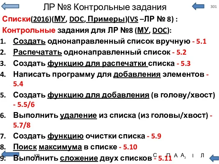 ЛР №8 Контрольные задания Списки(2016)(МУ, DOC, Примеры)(VS –ЛР № 8)