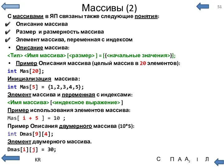 Массивы (2) С массивами в ЯП связаны также следующие понятия: