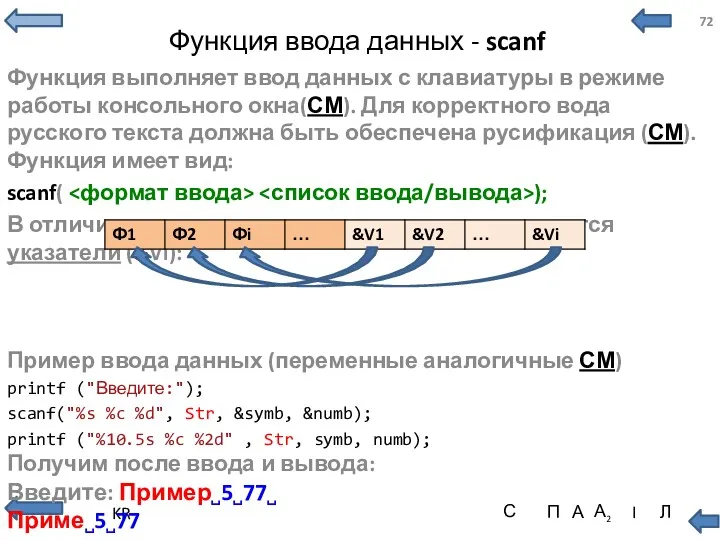 Функция ввода данных - scanf Функция выполняет ввод данных с