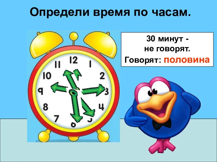 Определи время по часам. 30 минут - не говорят. Говорят: половина