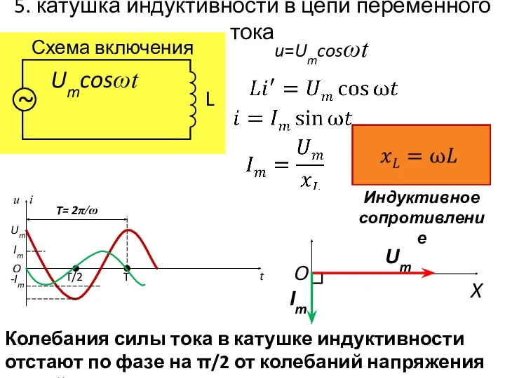 5. катушка индуктивности в цепи переменного тока Схема включения ~ L Umcosωt u=Umcosωt
