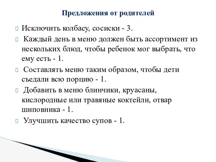 Исключить колбасу, сосиски - 3. Каждый день в меню должен