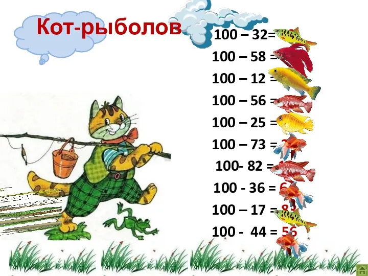 Кот-рыболов 100 – 32= 68 100 – 58 = 42