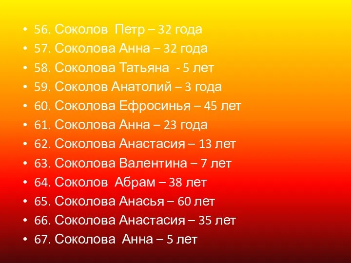 56. Соколов Петр – 32 года 57. Соколова Анна –