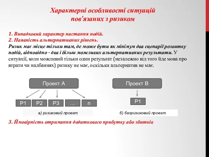 1. Випадковий характер настання подій. 2. Наявність альтернативних рішень. Ризик