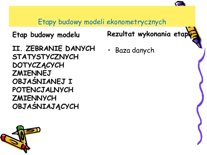 Etapy budowy modeli ekonometrycznych Etap budowy modelu II. ZEBRANIE DANYCH