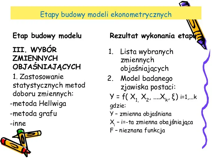 Etapy budowy modeli ekonometrycznych III. WYBÓR ZMIENNYCH OBJAŚNIAJĄCYCH 1. Zastosowanie