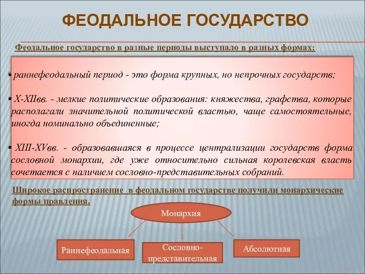 ФЕОДАЛЬНОЕ ГОСУДАРСТВО раннефеодальный период - это форма крупных, но непрочных