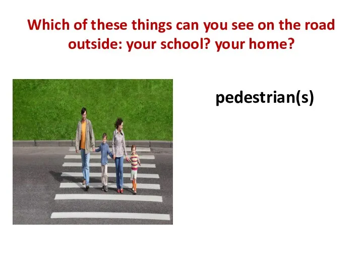 Which of these things can you see on the road outside: your school? your home? pedestrian(s)