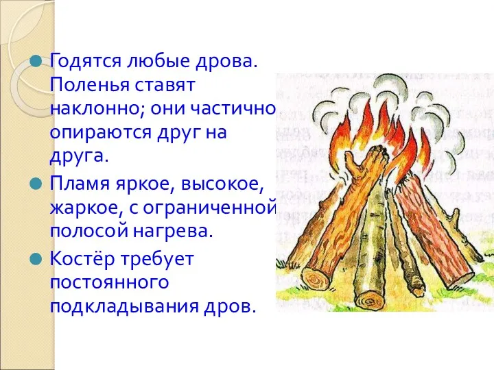 Годятся любые дрова. Поленья ставят наклонно; они частично опираются друг