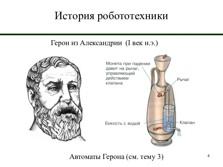 История робототехники Герон из Александрии (I век н.э.) Автоматы Герона (см. тему 3)