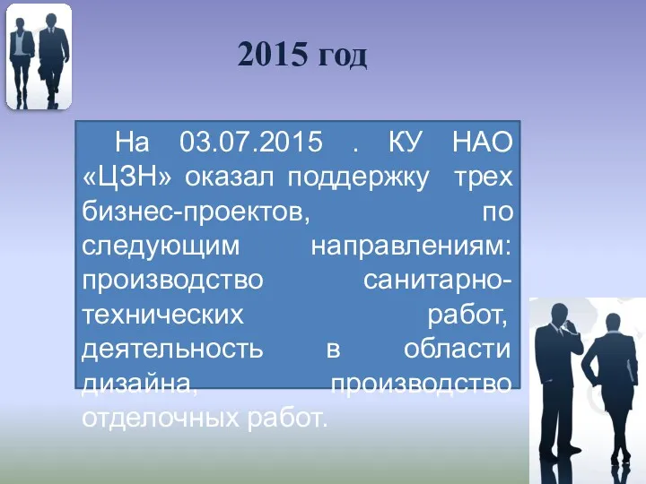 2015 год На 03.07.2015 . КУ НАО «ЦЗН» оказал поддержку трех бизнес-проектов, по