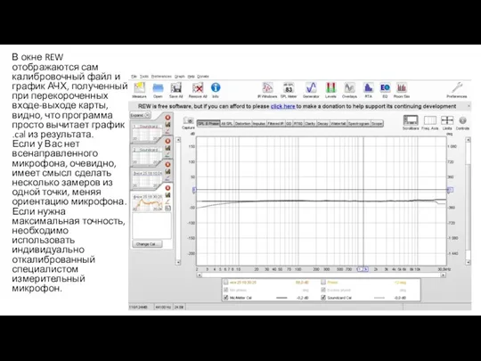 В окне REW отображаются сам калибровочный файл и график АЧХ,