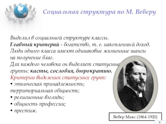 Социальная структура по М. Веберу Выделил в социальной структуре классы.