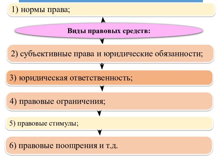 Виды правовых средств: 1) нормы права; 2) субъективные права и