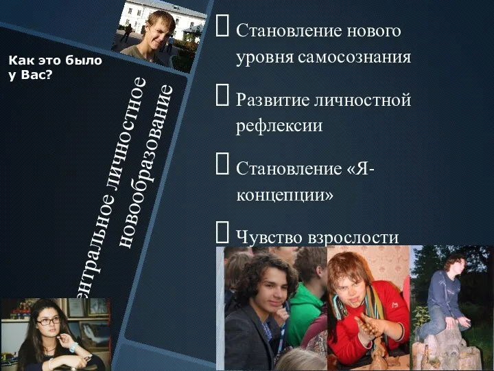 Центральное личностное новообразование Становление нового уровня самосознания Развитие личностной рефлексии