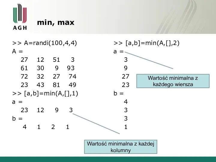 min, max >> A=randi(100,4,4) A = 27 12 51 3