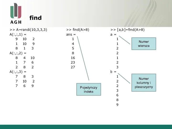 find >> A=randi(10,3,3,3) A(:,:,1) = 9 10 2 1 10