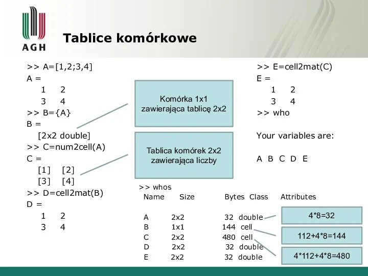 Tablice komórkowe >> A=[1,2;3,4] A = 1 2 3 4