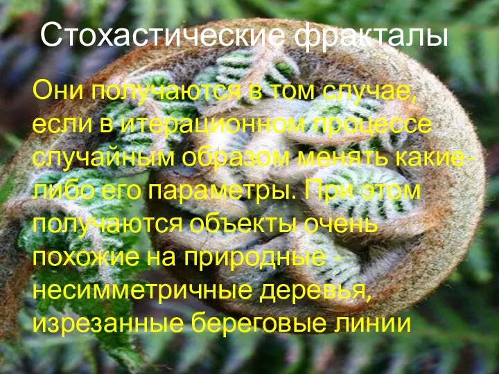 Стохастические фракталы Они получаются в том случае, если в итерационном