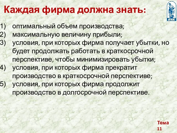 Тема 11 Каждая фирма должна знать: оптимальный объем производства; максимальную