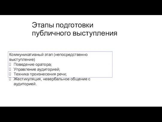 Этапы подготовки публичного выступления Коммуникативный этап (непосредственно выступление) Поведение оратора;