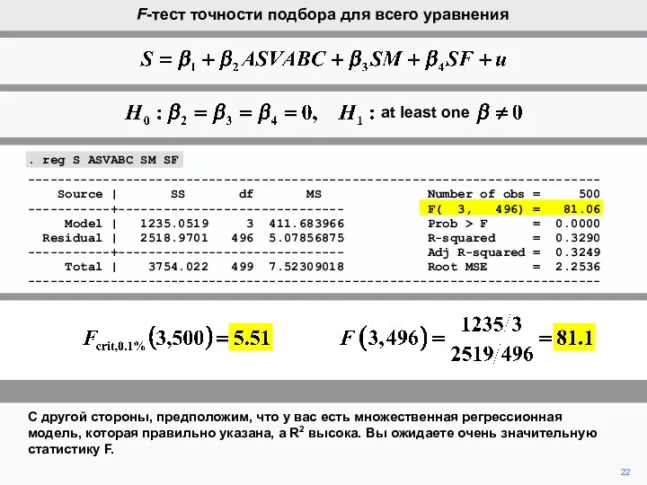 22 F-тест точности подбора для всего уравнения С другой стороны,