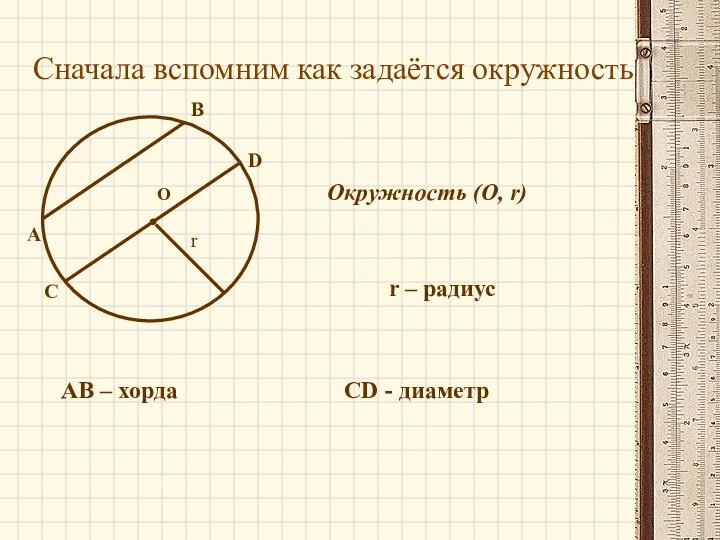 О Сначала вспомним как задаётся окружность Окружность (О, r) r – радиус r