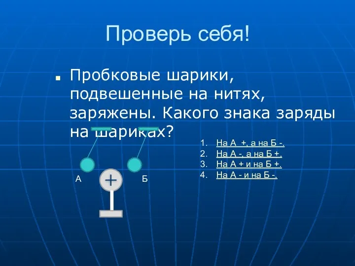 Проверь себя! Пробковые шарики, подвешенные на нитях, заряжены. Какого знака