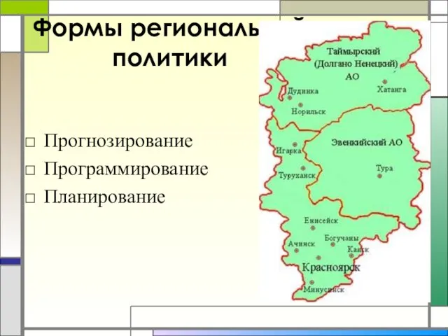 Формы региональной политики Прогнозирование Программирование Планирование