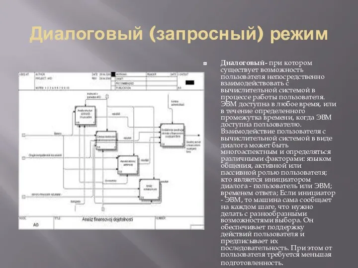 Диалоговый (запросный) режим Диалоговый- при котором существует возможность пользователя непосредственно