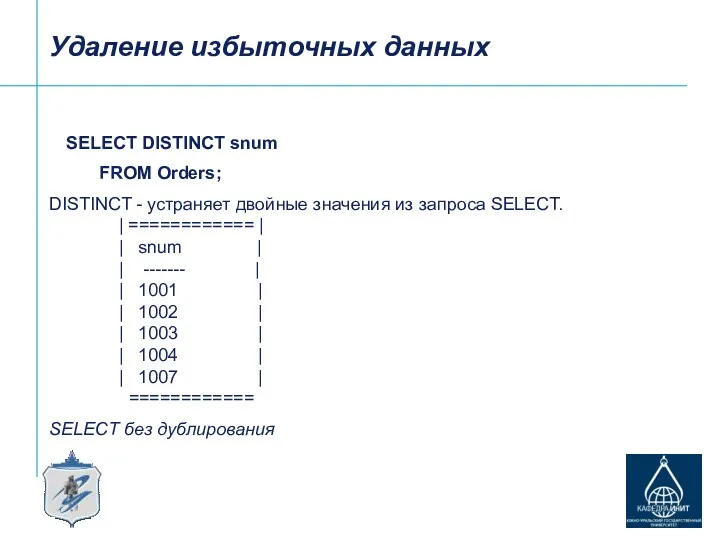 Удаление избыточных данных SELECT DISTINCT snum FROM Orders; DISTINCT -