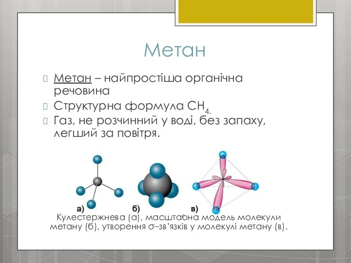 Метан Метан – найпростіша органічна речовина Структурна формула СН4. Газ,