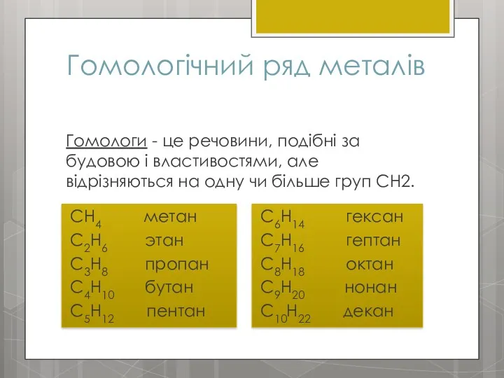 Гомологічний ряд металів Гомологи - це речовини, подібні за будовою