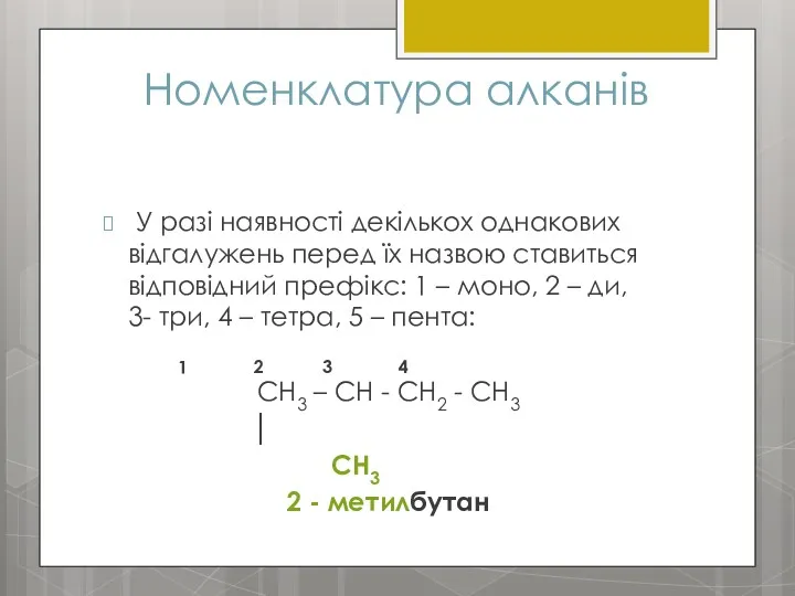 Номенклатура алканів У разі наявності декількох однакових відгалужень перед їх