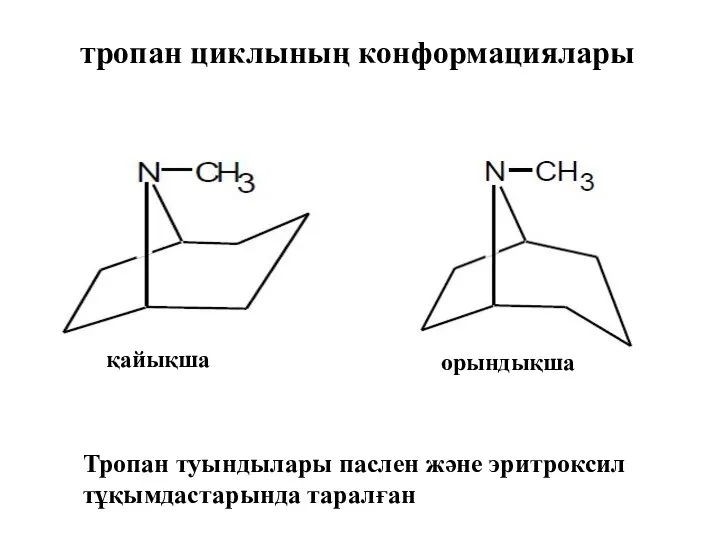 тропан циклының конформациялары қайықша орындықша Тропан туындылары паслен және эритроксил тұқымдастарында таралған