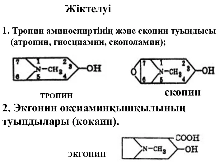 Жіктелуі 1. Тропин аминоспиртінің және скопин туындысы (атропин, гиосциамин, скополамин); ТРОПИН ЭКГОНИН скопин