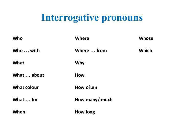 Interrogative pronouns Who Who … with What What … about