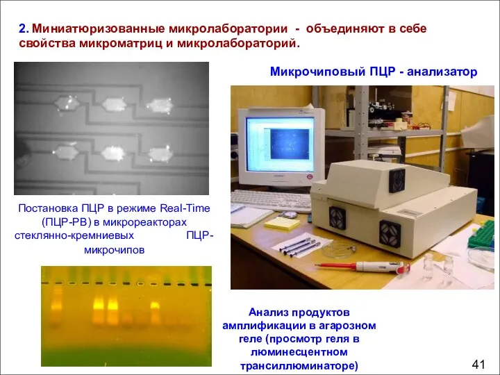 41 2. Миниатюризованные микролаборатории - объединяют в себе свойства микроматриц