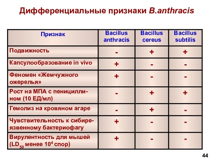 44 Дифференциальные признаки B.anthracis