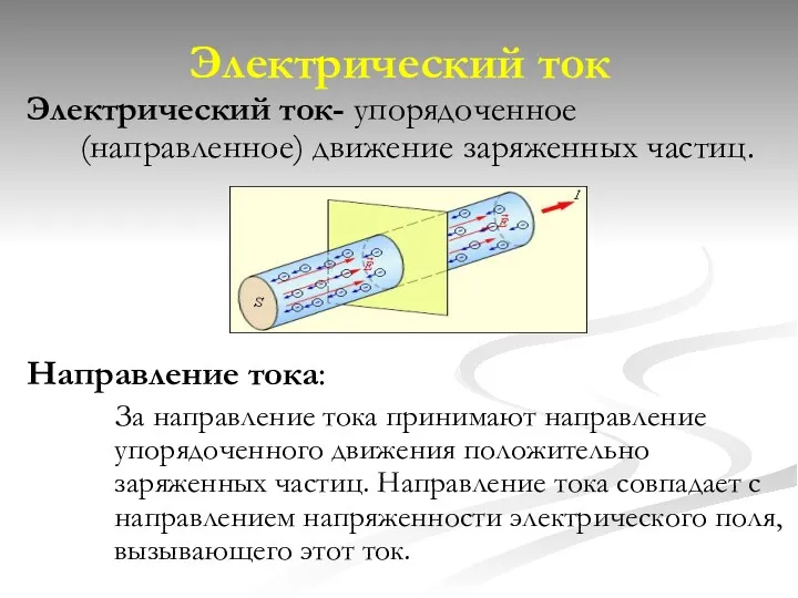 Электрический ток Электрический ток- упорядоченное (направленное) движение заряженных частиц. Направление