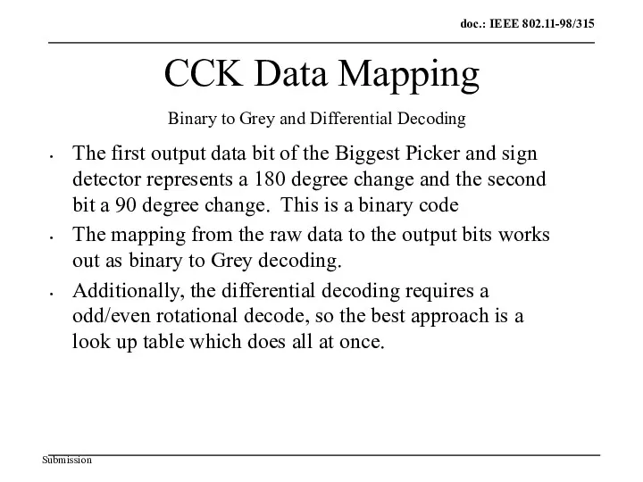 CCK Data Mapping The first output data bit of the Biggest Picker and