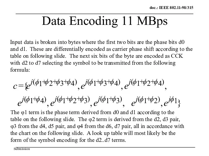 Data Encoding 11 MBps Input data is broken into bytes where the first