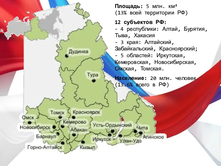 Площадь: 5 млн. км² (13% всей территории РФ) 12 субъектов