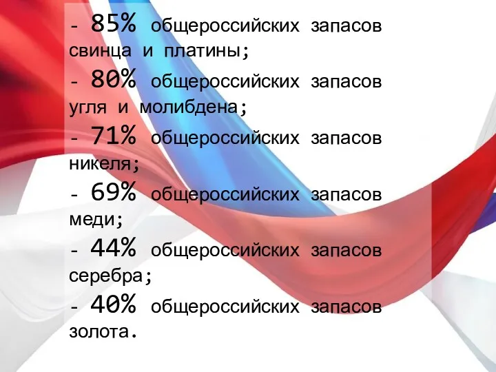 - 85% общероссийских запасов свинца и платины; - 80% общероссийских